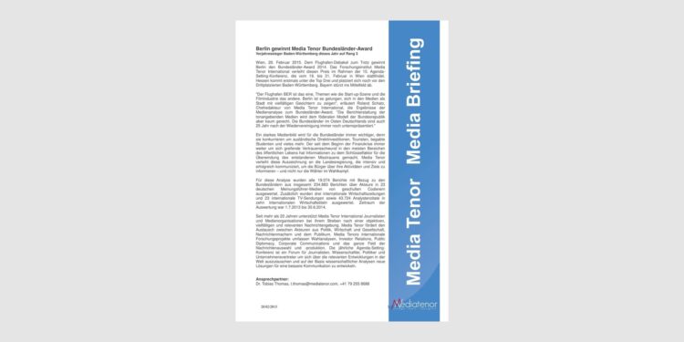 Berlin gewinnt Media Tenor Bundesländer-Award