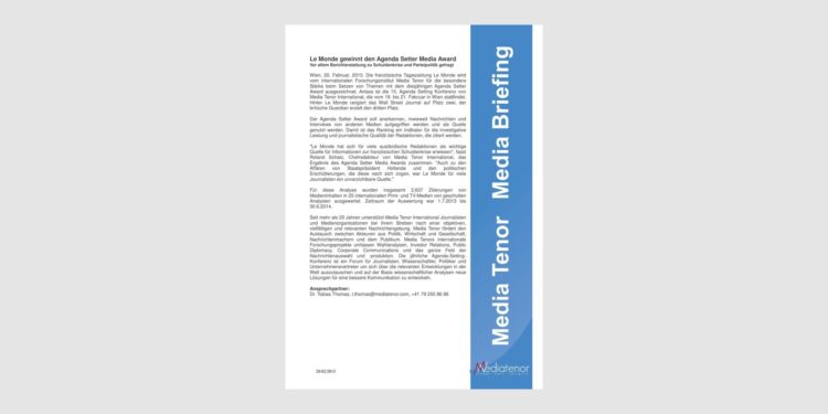 Le Monde gewinnt den Agenda Setter Media Award