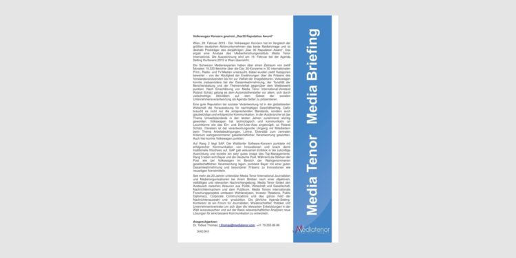 Volkswagen Konzern gewinnt „Dax30 Reputation Award“