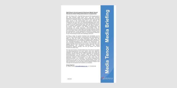 Wall Street Journal gewinnt Business Media Award